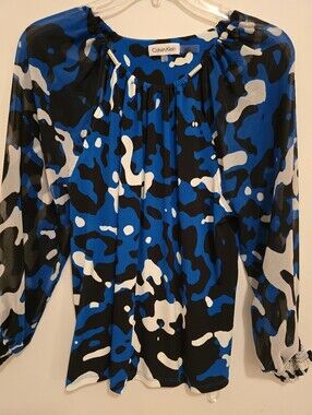Calvin Klein Blue Black & White Abstract Peasant Blouse